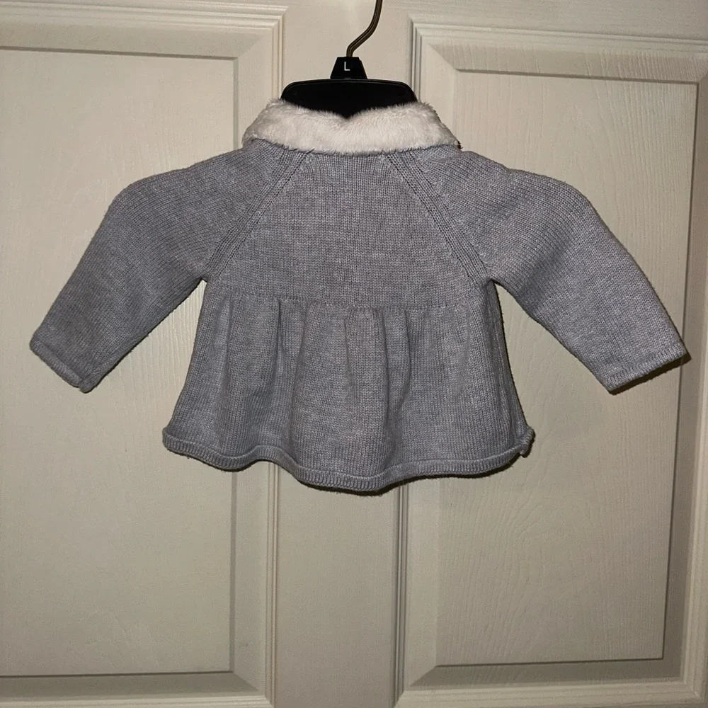 Janie and Jack Gray Knit Baby Cardigan with White faux Fur Collar 3 to 6 months